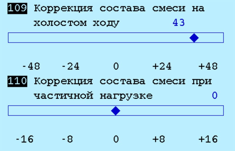 Скриншот меню DIS: Показаны долгосрочные коррекции топливоподачи, хранящиеся в памяти DME